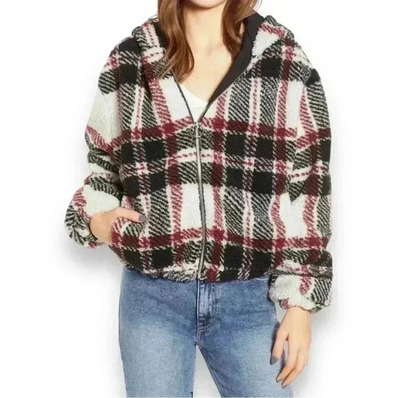 Thread & Supply Jackets & Blazers - Thread & Supply Plaid Hooded Zip Up Fleece Jacket size Large Cozy Lofty Fabric